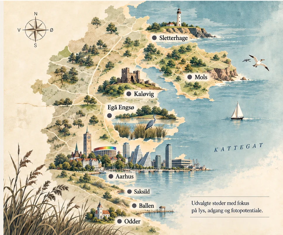 Illustreret kort over Østjylland med udvalgte fotosteder.