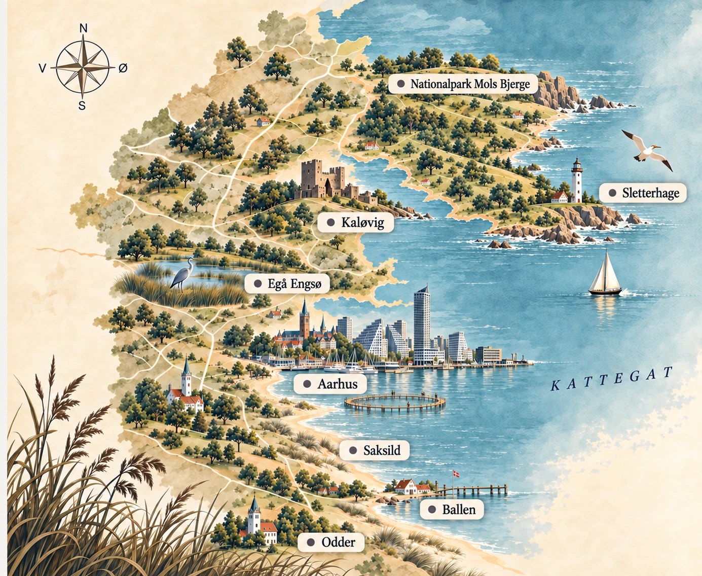 Illustreret kort over Østjylland med Aarhus, Egå Engsø, Kaløvig, Nationalpark Mols Bjerge, Sletterhage Fyr, Saksild, Ballen og Odder